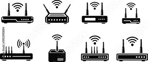 WiFi router icon set with wireless modem devices, internet network equipment, antennas, and connection signal symbols in black silhouette style