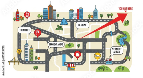 Illustrated City Map with Landmarks and Directional Arrow.