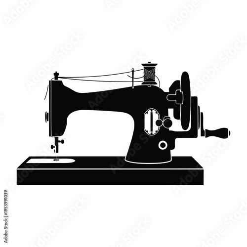 A black silhouette of an old-fashioned manual sewing machine.