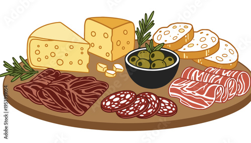 A cheese charcuterie board with meats, olives, and bread illustration