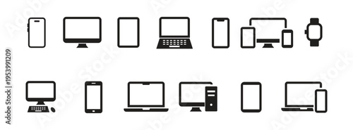 Set of black and white paper clip icon set for computer and mobile devices including phone laptop tablet and screen technology symbols, vector illustration.