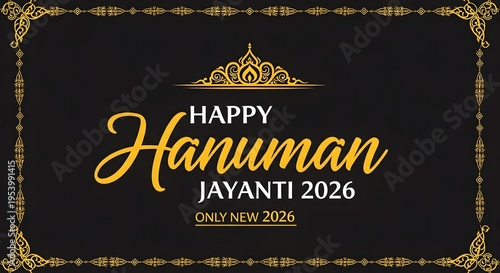 Happy hanuman jayanti 2026 greeting card with elegant golden frame