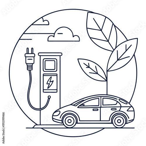 Minimal Line Art Illustration of Electric Car Charging Station – Eco Friendly Transportation Concept