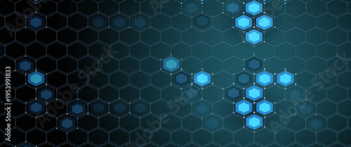 Futuristic abstract blue background featuring glowing hexagonal grid pattern and connected dots. Digital technology concept with geometric honeycomb structure