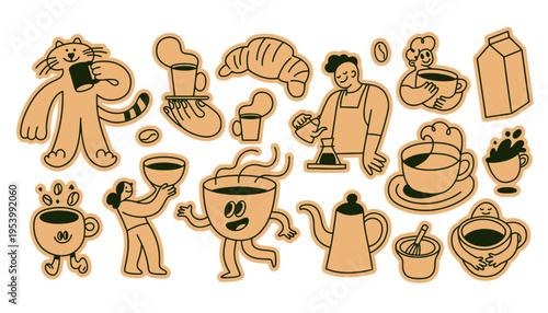 A set of coffee icon illustrations with cartoon characters and objects