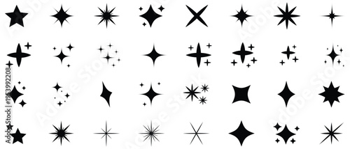 Collection of black starburst shapes and sparkles on white background