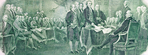 2 dollar United States details of the reverse side featuring the Declaration of Independence. Paper money of the United States of America.