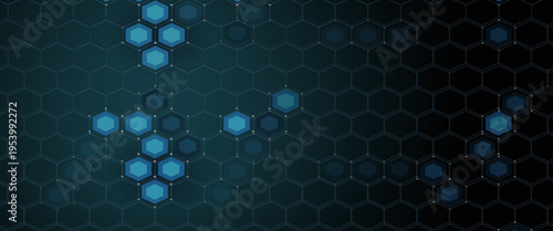 Futuristic abstract blue background featuring glowing hexagonal grid pattern and connected dots. Digital technology concept with geometric honeycomb structure