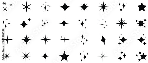 Collection of black starburst shapes and sparkles on white background