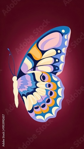 Colorful butterfly on deep red background with detailed wings and vibrant patterns. Elegant nature inspired composition with strong contrast. Generative AI.