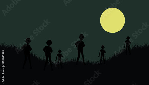 Halloween night silhouettes children moon graveyard spooky scene vector illustration design element for horror storytelling and festive background use