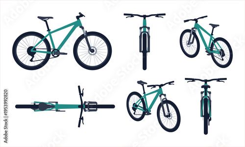 Collection of Turquoise Mountain Bicycles Shown From Various Angles on White Background