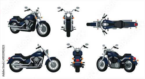 Collection of Dark Blue Cruiser Motorcycles from Multiple Angles