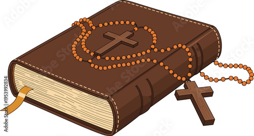 Holy Bible with rosary beads and wooden cross, Christian religious vector illustration, sacred scripture and faith symbol, isolated on light background, detailed design