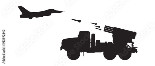 Military Rocket Launcher Truck and Fighter Jet Silhouette – Army Missile Defense Vehicle Vector