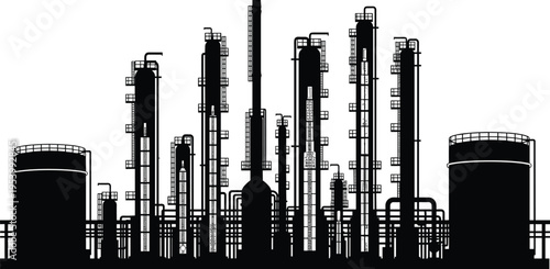 Industrial factory refinery vector illustration, oil and gas plant silhouette with storage tanks pipelines and towers for energy production manufacturing infrastructure design