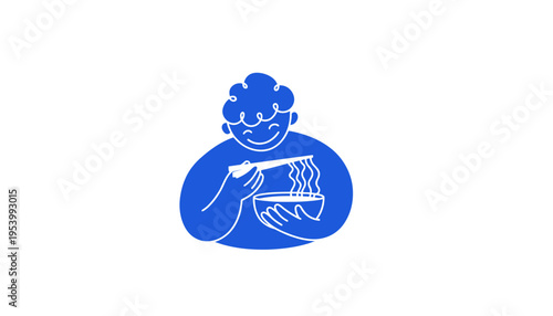 A blue illustration of a smiling person eating a bowl of food