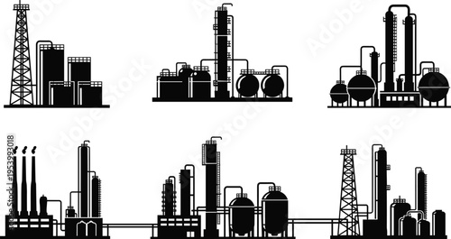 Industrial refinery icons vector illustration, oil and gas factory plants with tanks pipelines towers and rigs silhouette collection for energy production infrastructure design