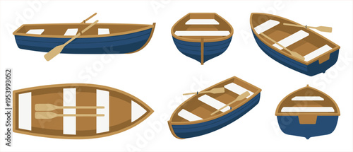 Collection of Wooden Rowboats with Oars in Various Perspectives