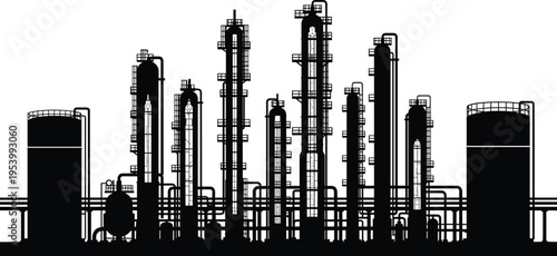 Industrial refinery plant vector illustration, oil and gas factory with storage tanks pipelines and distillation towers silhouette for energy production infrastructure design