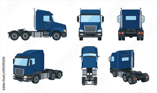Diverse Blue Semi-Truck Views: Front, Rear, Side, and Angled Perspectives
