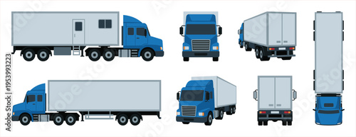 Diverse Blue Semi-Trucks and Trailers Shown From Multiple Angles for Logistics and Transport