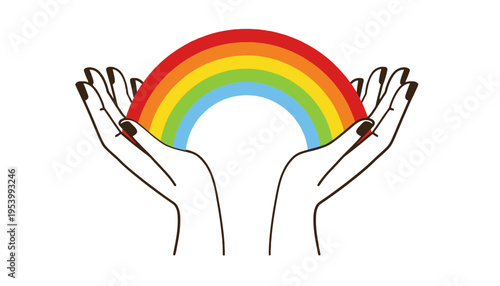 A rainbow icon illustration held by two hands with black nails