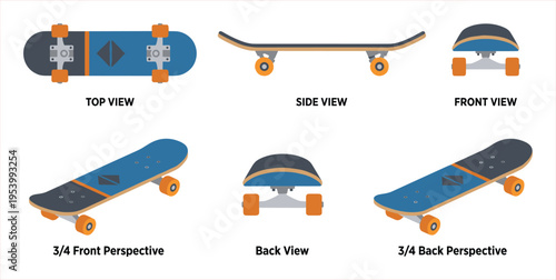 Diverse Skateboards: Top, Side, Front, and Perspective Views of Modern Boards