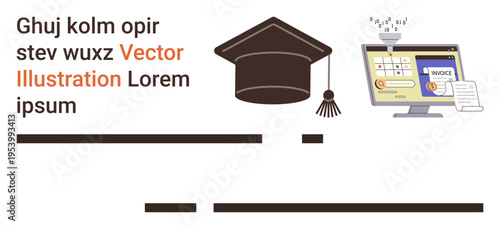 Education, financial management, e-learning, online payments, certification, technology. Graduation cap and computer screen showing invoice and digital processing. Education and financial management