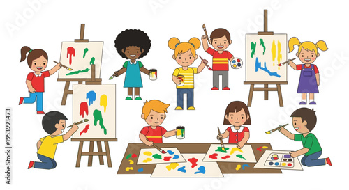 Children engaged in a vibrant art class painting and drawing with enthusiasm.