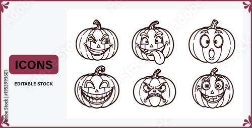 Halloween pumpkin faces icons set with different emotions and expressions  smiling winking tongue sticking out surprised angry happy