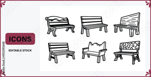 Set of six different outdoor and indoor bench icons in various styles and designs for graphic resources and decoration  simple line drawings