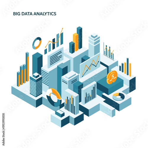 Isometric illustration representing big data analytics with charts, graphs, and abstract city-like structures