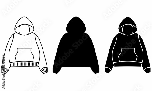 Hoodie or hoody or hooded sweatshirt icon set. illustration vector in outline and silhouette.