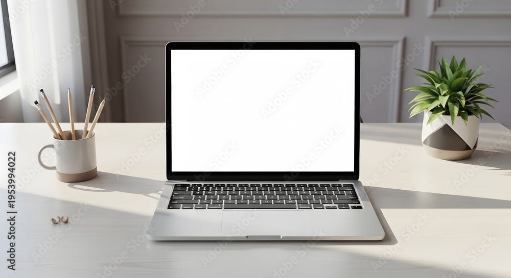 Fototapeta premium Modern laptop with blank screen and workspace essentials on white table