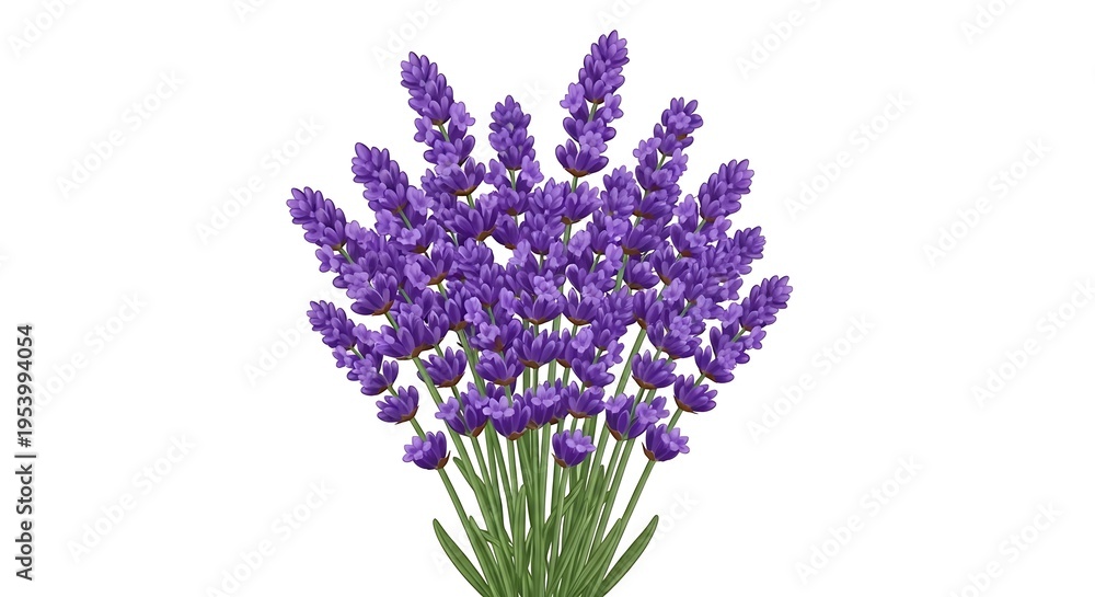 Fototapeta premium Bouquet of purple lavender flowers on green stems against white background purple flowers floral arrangement