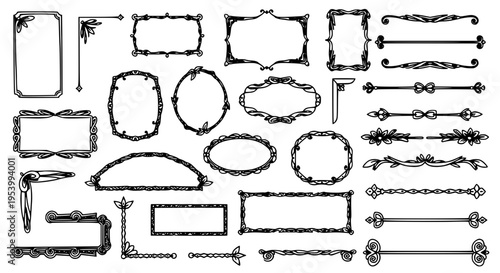 Borders vintage illustration set with ornate frames and flourishes in black ink featuring grunge, sketch, hand-drawn