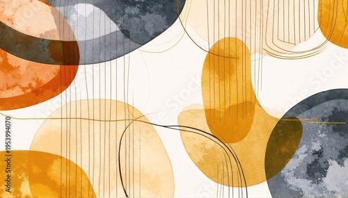 a colorful abstract painting of overlapping circles and intersecting lines on a white gallery wall