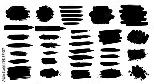 Brush strokes set with black grunge textures and splatters for artistic design featuring abstract shapes, creative