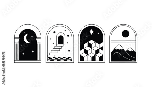 Archway vector illustrations with various scenic views inside