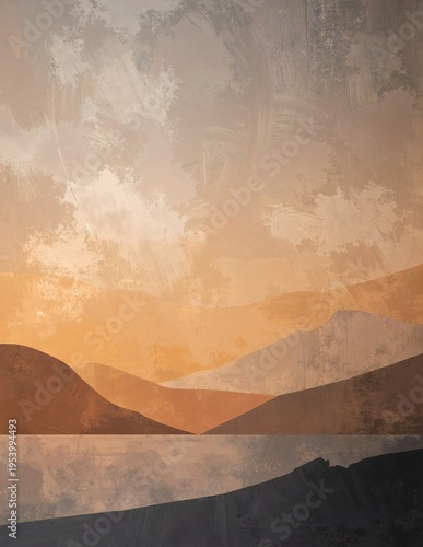 a vivid landscape painting of rugged mountains and calm water at sunset, warm golden light reflecting on the serene lake