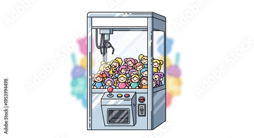 Illustration of a colorful claw machine filled with plush toys.