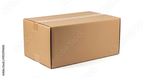 Brown cardboard box with white packing tape on white background closed box rectangular shape packaging