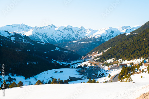 Photos Winter Sunset Landscape in Andorra with Snow-Capped Mountains