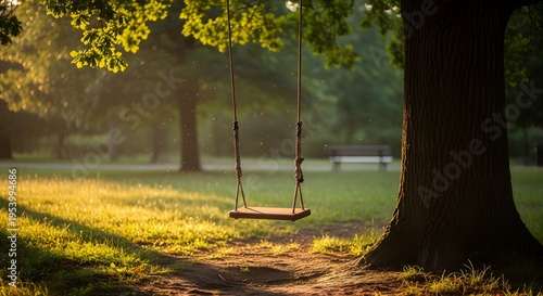 An empty wooden rope swing hangs from a majestic tree in a tranquil park, bathed in the warm, golden light of a summer sunset.