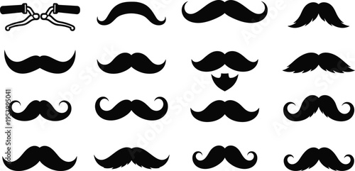 Mustache styles collection with barber tools, vintage facial hair silhouettes vector illustration set, classic grooming design elements, isolated on light background, black style icons