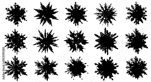Snowflakes set with black silhouette and unique shapes for winter designs featuring frost, ice, crystal with snow and
