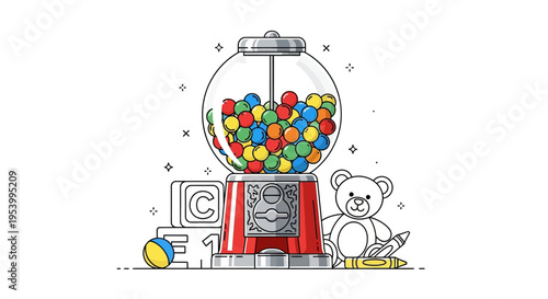Vintage Gumball Machine Filled With Colorful Candies And Toys.