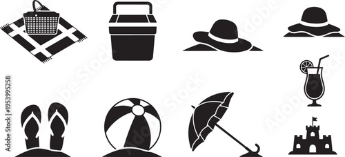 Black and white beach icons including hat, umbrella, sandcastle, flip flops, and cooler