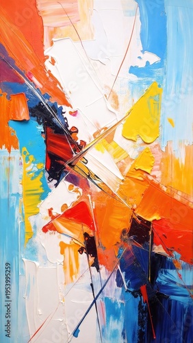 a vibrant abstract painting with bold, bright colors and crisp white lines weaving dynamically across the textured canvas